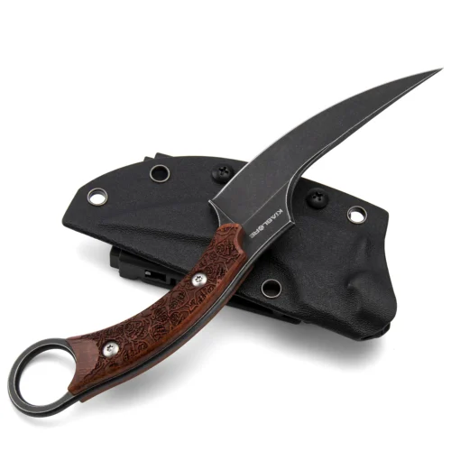 Mackerel Shark Tactical Karambit Knife | 3.74" Black Stonewashed 440C Blade | Engraved Wood Handle | KIASLORE KK106-1